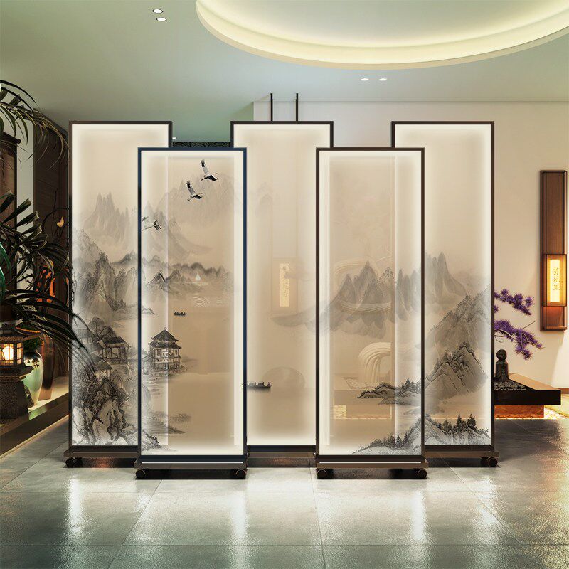 中式古典山水灯光屏风高级感会议厅酒店大堂进门遮挡可移动背景墙