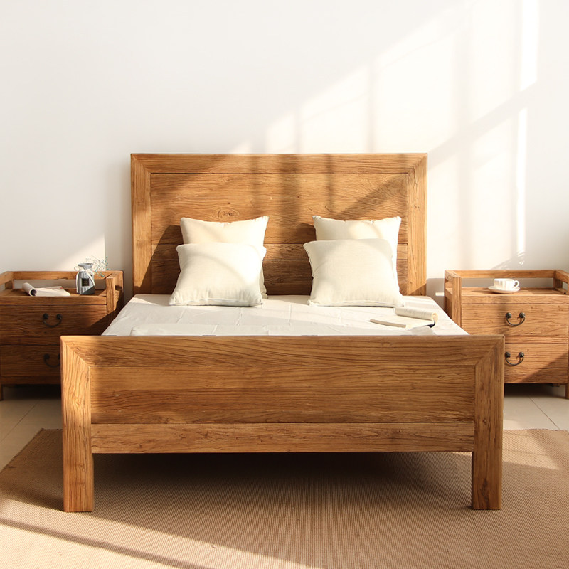 实木床老榆木乡村全实木雕花家用复古家具1.5床1.8米主卧双人床