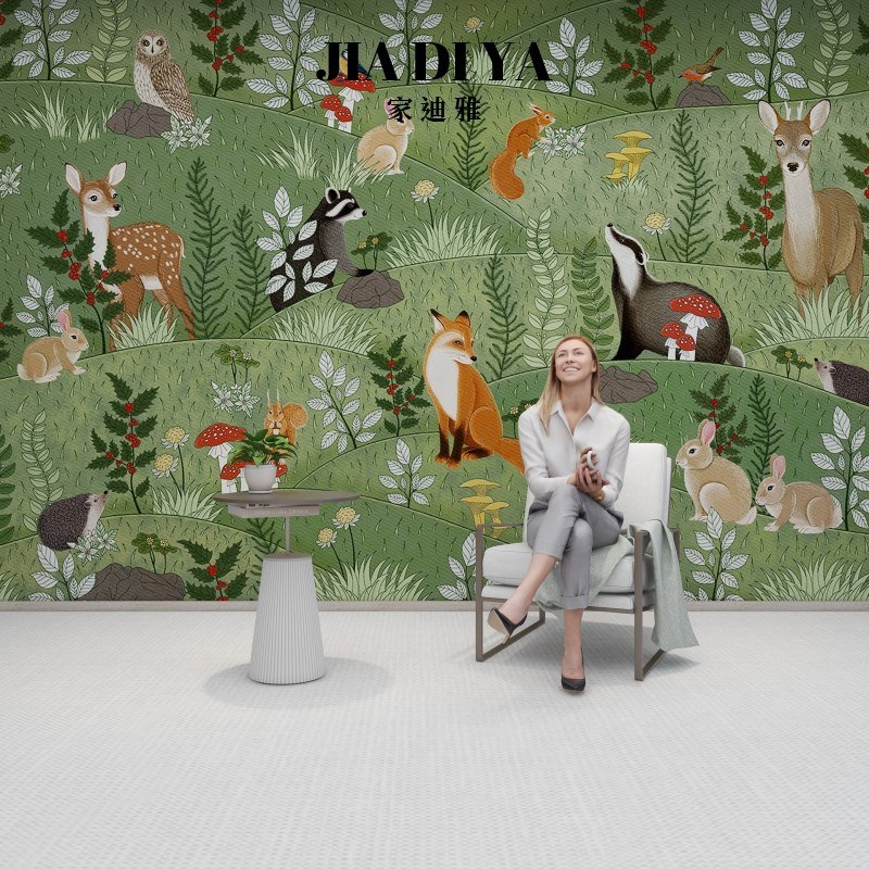 环保卡通漫画壁纸小动物森林绿色草地男孩儿童房女孩卧室壁纸墙布