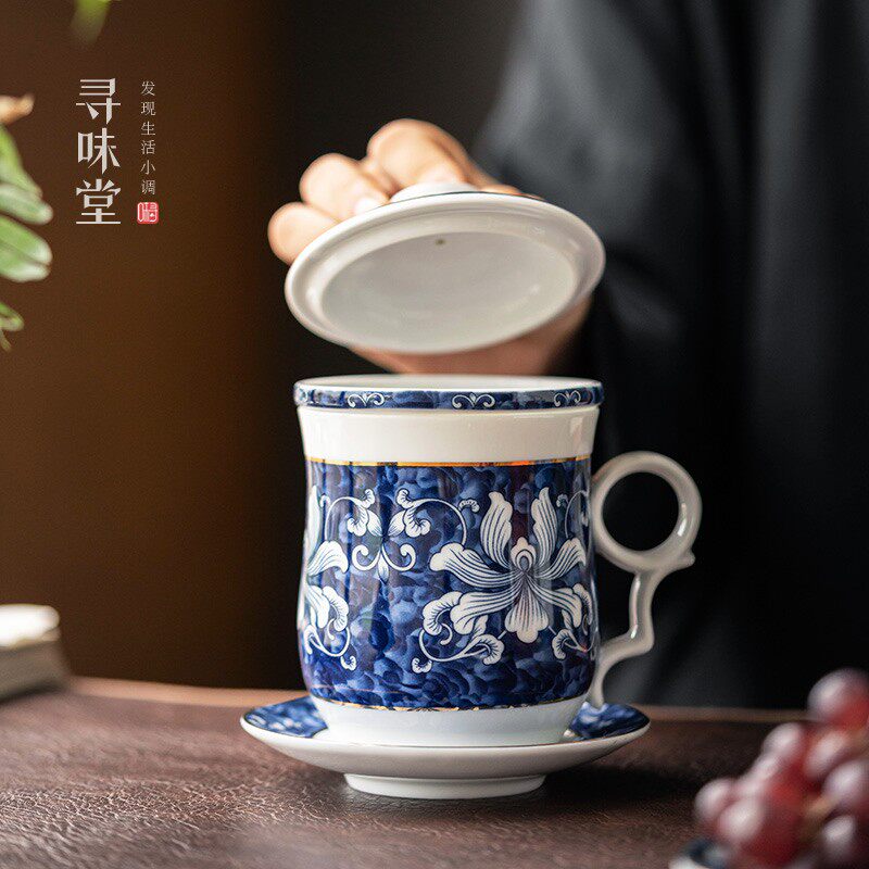 描金青花瓷个人杯高档四件杯领导办公杯盖杯内胆过滤杯陶瓷茶具