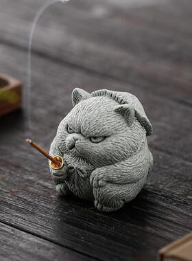 侠客小猫钓鱼茶宠摆件可爱小猫咪香插鱼缸盆栽造景桌面装饰品