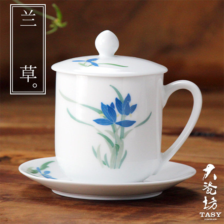 醴陵手绘办公室茶杯陶瓷单个带盖把手会议水杯子非骨瓷杯礼品定制
