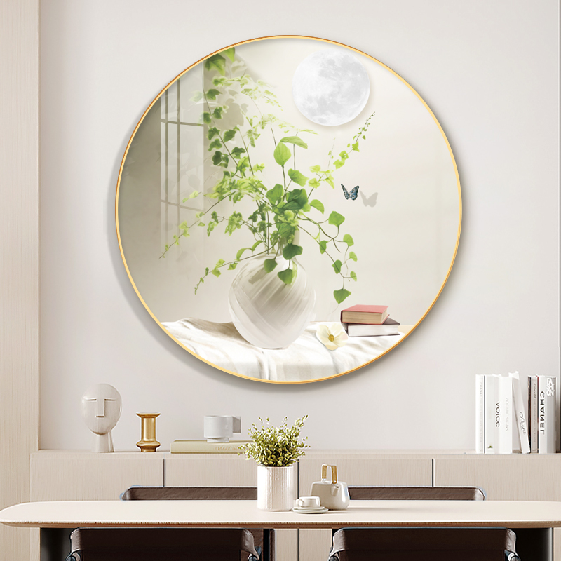 仿真绿植光影圆形装饰画极简原木风入户玄关桌挂画清新餐厅墙壁画