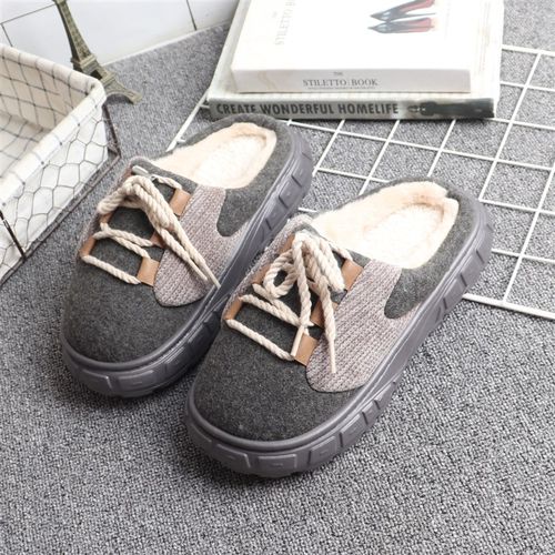 冬季保暖男士个性绑带时尚棉拖鞋毛绒保暖室内外穿防滑加厚毛绒拖