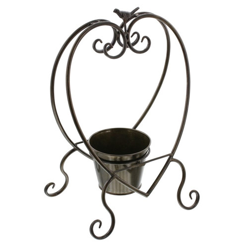 光面铁艺花桶花盆架子可爱心形小鸟装饰花架桶架桌面花盆花桶立架