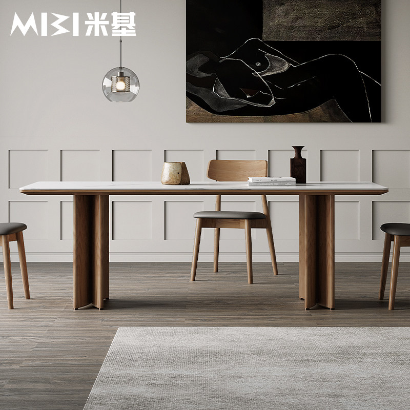 侘寂风岩板餐桌现代简约别墅餐厅长方形餐桌椅大长桌极简长条茶桌