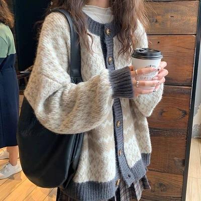 复古加厚毛衣外套女冬季2025新款撞色宽松中长款软糯长袖针织开衫