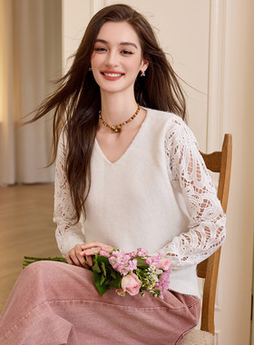 【玉米粉丝专享】&白鹿语V领镂空拼接拼接毛衫女式针织衫BL20303