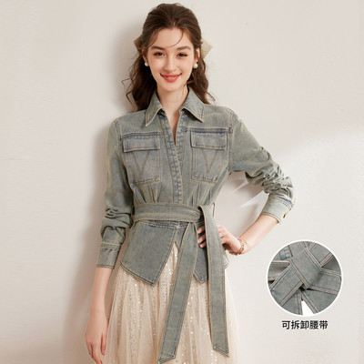 【欢欢专享】&白鹿语复古洗水工艺翻领腰带加持修身夹克BY20146