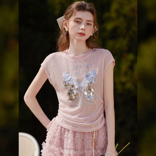 【晶晶姐妹专属】&白鹿语亮片装饰短袖连肩修身版女式T恤YU50007