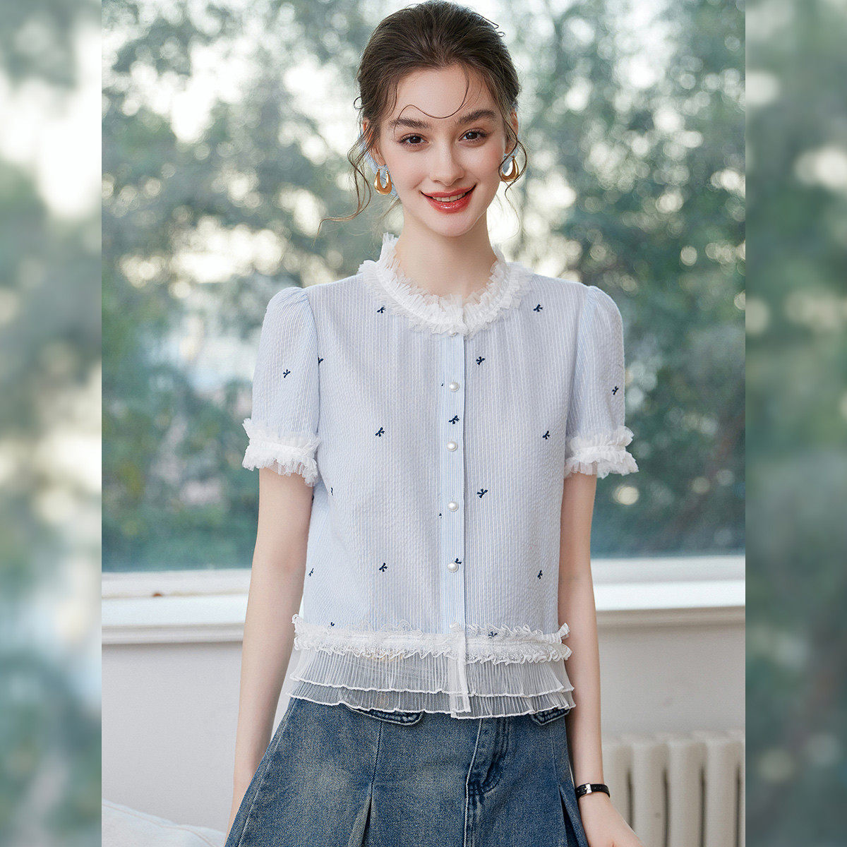 【专柜大清仓】&白鹿语淑女风花边拼接刺绣设计感上衣YU50101