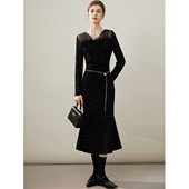 草莓粉丝专享 &白鹿语绒面蕾丝鱼尾裙拼接连衣裙女ZBX20036