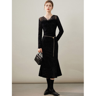 【草莓粉丝专享】&白鹿语绒面蕾丝鱼尾裙拼接连衣裙女ZBX20036