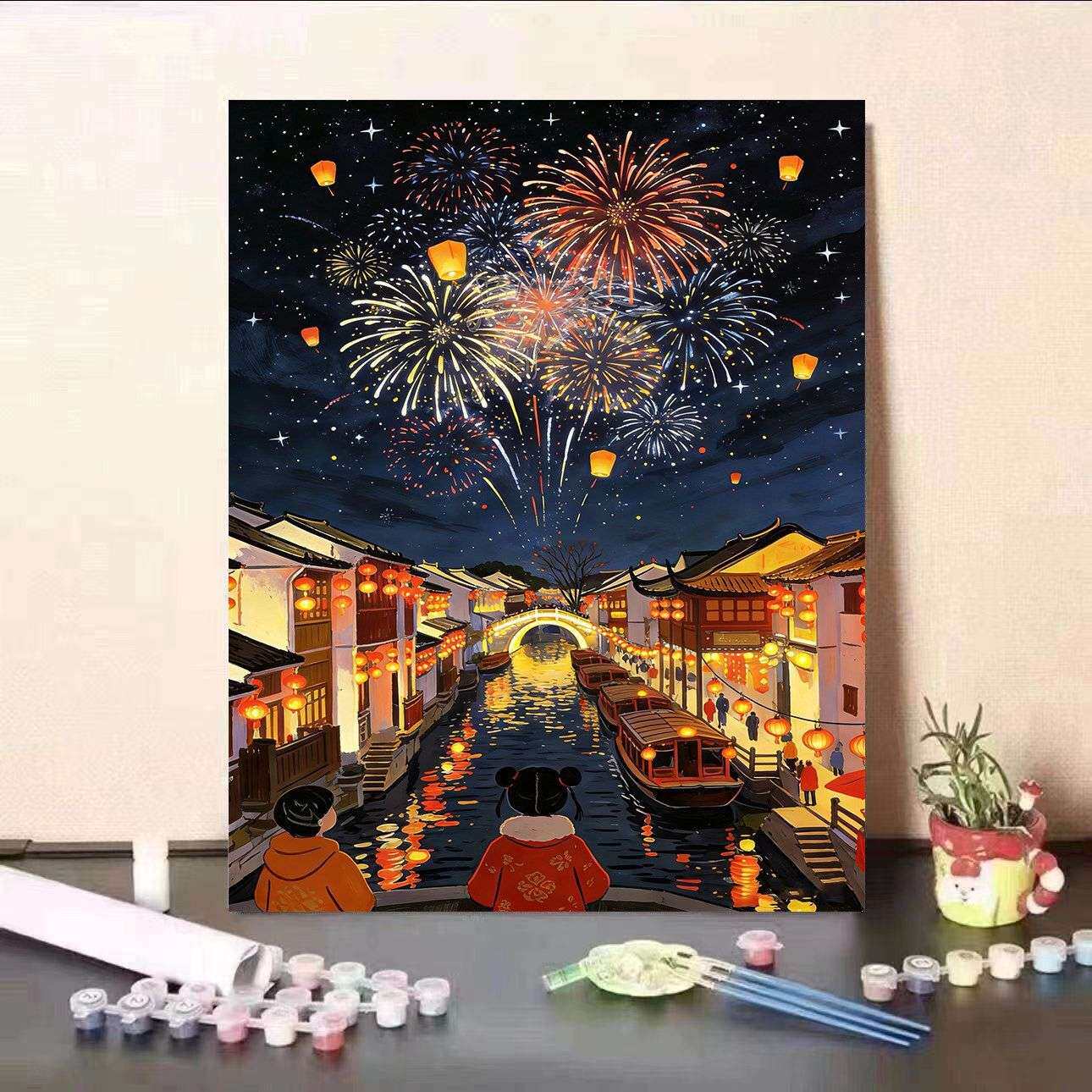 DIY数字油画烟花夜景中国风古DIY/数字油画