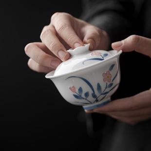 釉下彩纯手绘堆料小花二才盖碗陶瓷茶具单个家用100ml泡茶碗岩茶