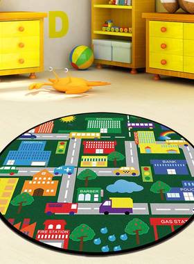 儿童蓝软色圆形地毯城市道马路交通跑ORD场景汽车道车道地轨垫柔