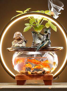 陶自动循环流摆瓷件配件灯圈玻璃小鱼缸客厅水办公F965JMTM桌面饰