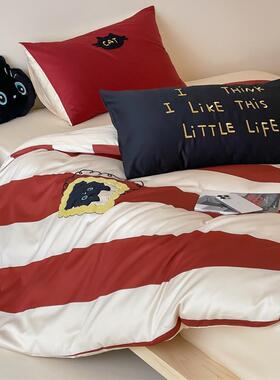 古红条纹全棉四件套卡通复猫刺绣53156白被套床小单1.8m四季床上