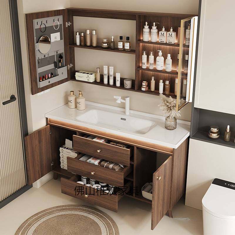新中式胡桃木浴室柜组合陶瓷一体盆卫生间洗漱台洗手洗脸盆柜落地