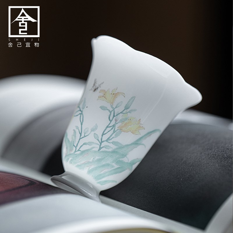 冰种玉瓷纯手绘满园春色花口杯高足杯闻香杯高档家用单杯功夫茶具