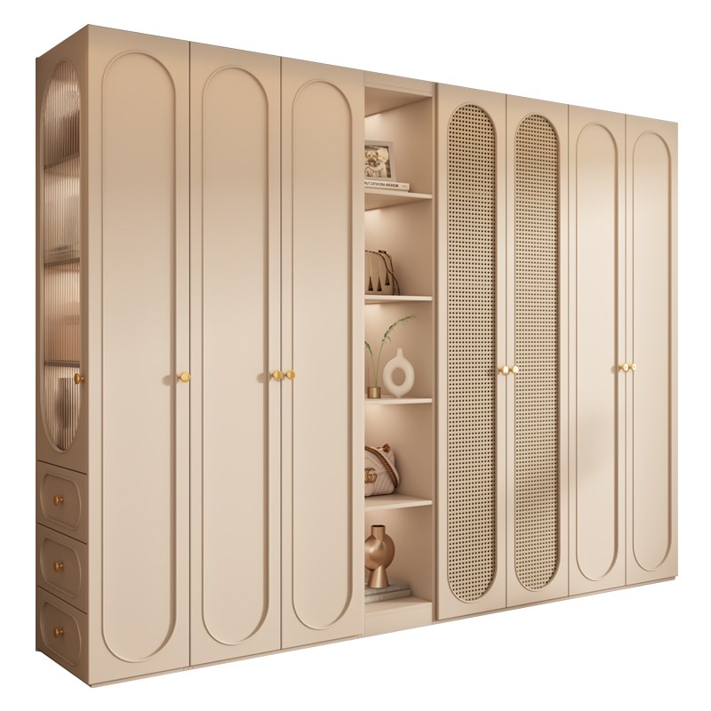 法式实木衣柜家用卧室202新款藤编门三四五六门白色奶油风欧松板
