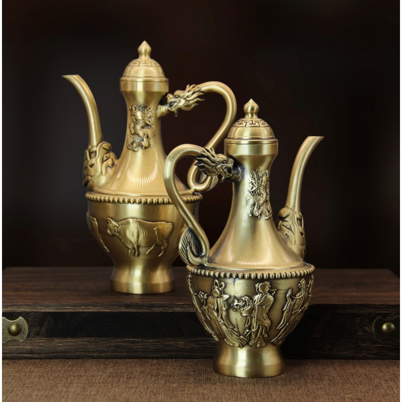 纯黄铜浮雕龙凤百福铜酒壶创意铜器工艺品礼品摆件装饰品