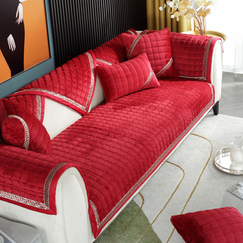 短毛绒喜庆沙发垫结婚用红色四季通用简约坐垫扶手靠背巾抱枕
