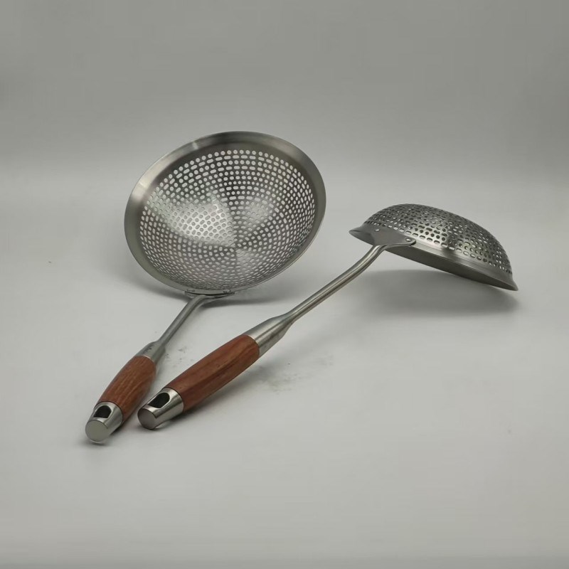 高端花梨木柄整体30不锈钢长柄大漏勺油炸滤油勺焯水沥水勺加厚