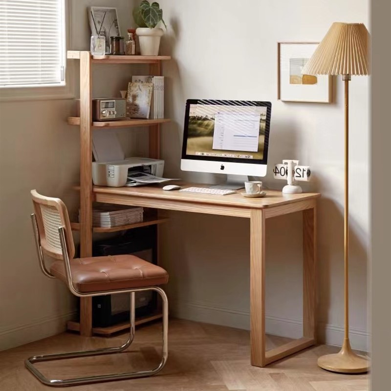 七半云实木书桌书架一体小户型靠墙转角办公桌子简约书房电脑桌新