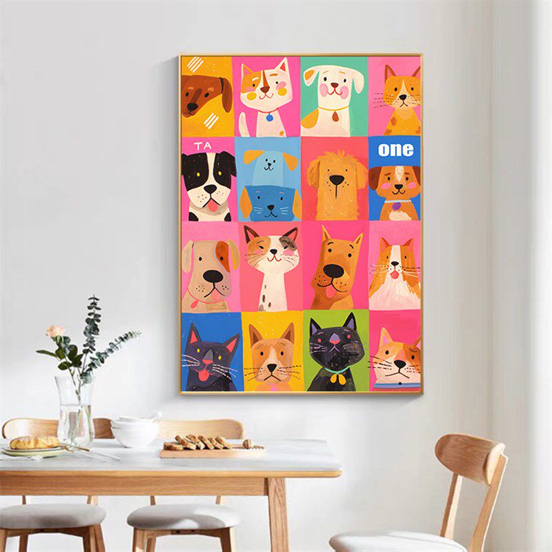 可爱卡通狗狗猫拼接九宫格装饰画治愈系床头餐厅挂画宠物店背景墙