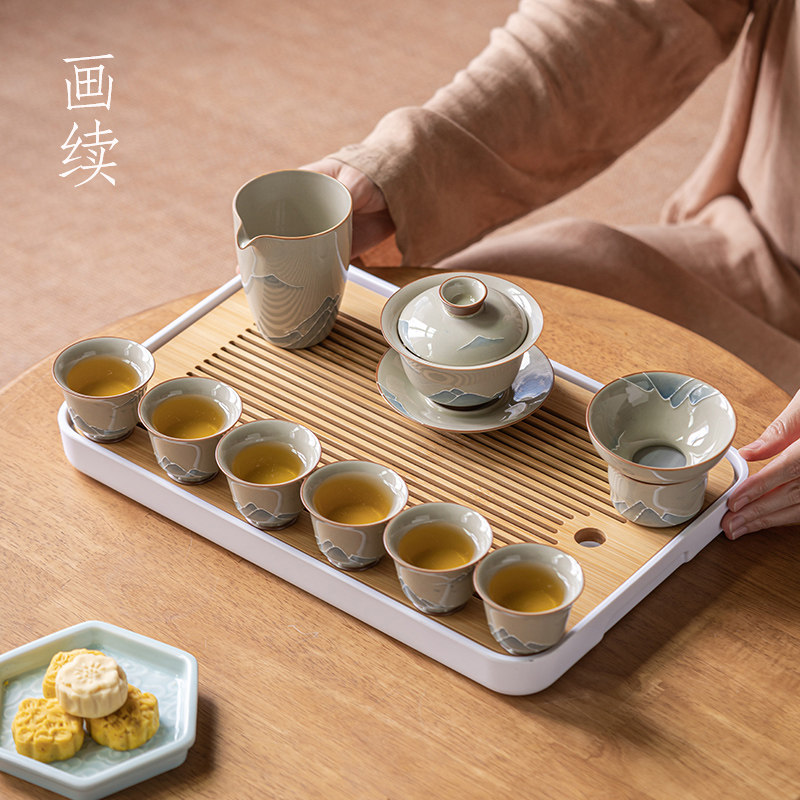 画续草木灰手绘山水盖碗功夫茶具套装家用客厅喝茶杯带茶盘整套