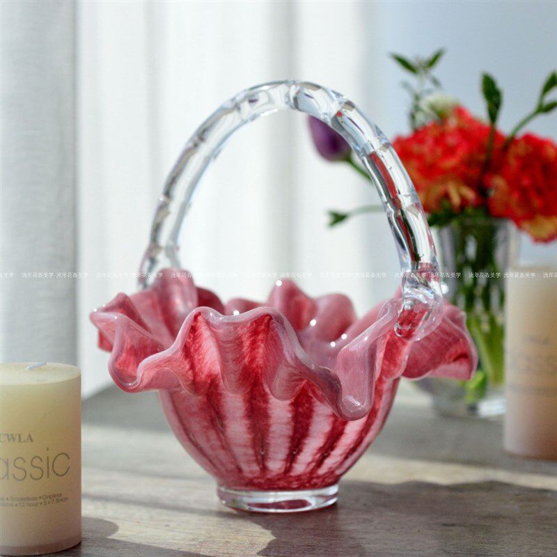 草莓色竹节纹纯手工玻璃花篮芬顿折纸边果斗花艺手工花器水果篮子