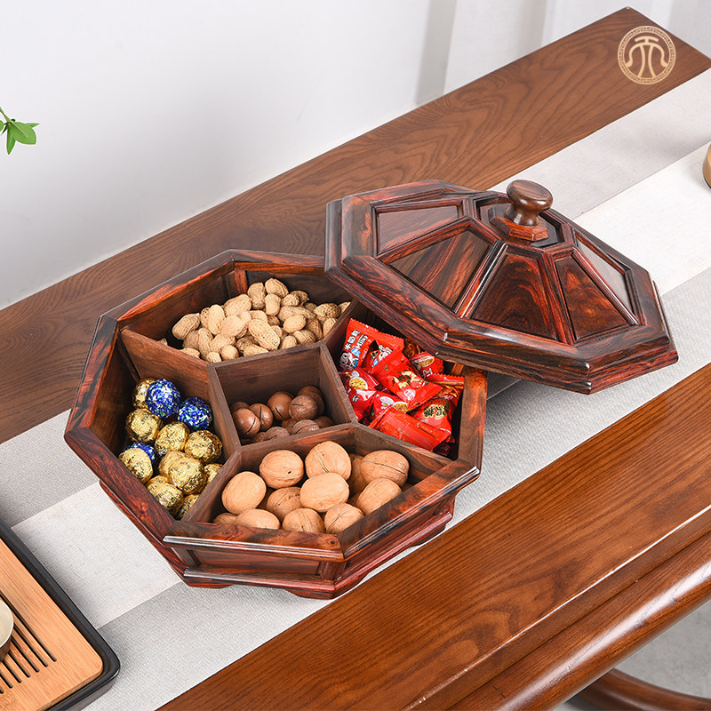 天纵大红酸枝素面五格果盘红木中式桌面糖果零食盒实木八角水果盘