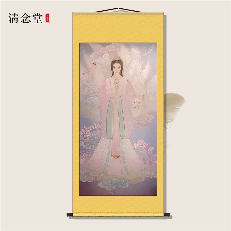 八尾圣狐紫色九尾狐画像卷轴挂画胡家东北出马客厅堂口供奉装饰画