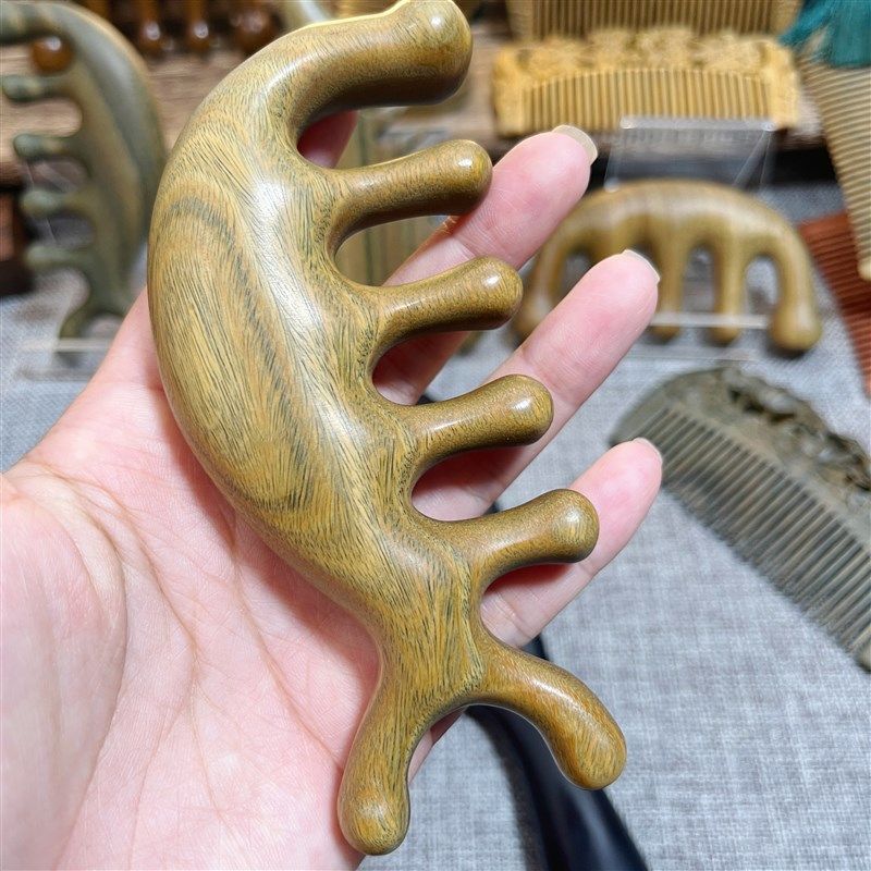 天然绿檀木多功能按摩梳加厚头部眼部疏通经络梳家用防静电木梳子