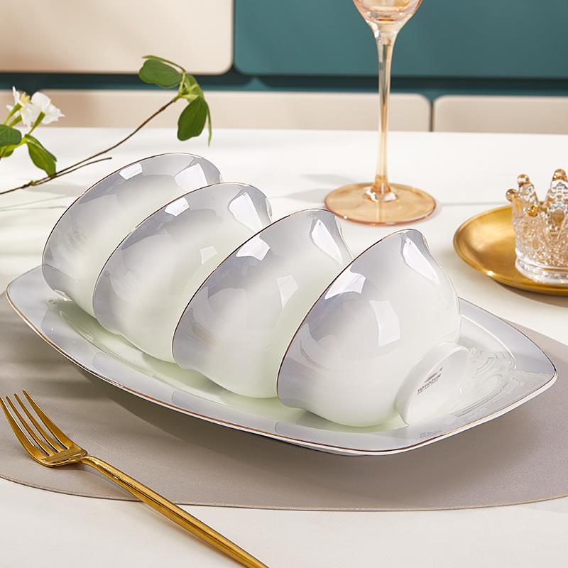 陶瓷碗家用饭碗餐具2025新款轻奢好看的金边骨瓷碗碟套装碗盘组合