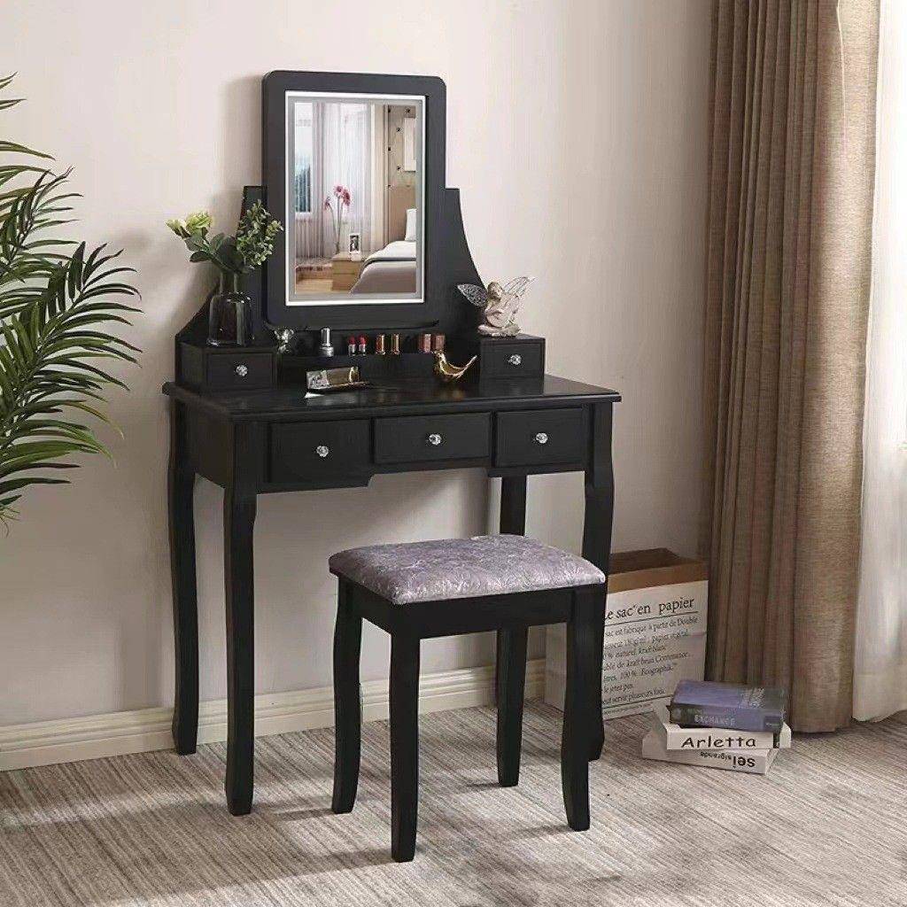 带梳妆台卧室黑色一体深色法式复古中古风实木梳妆台凳子凳子棕色