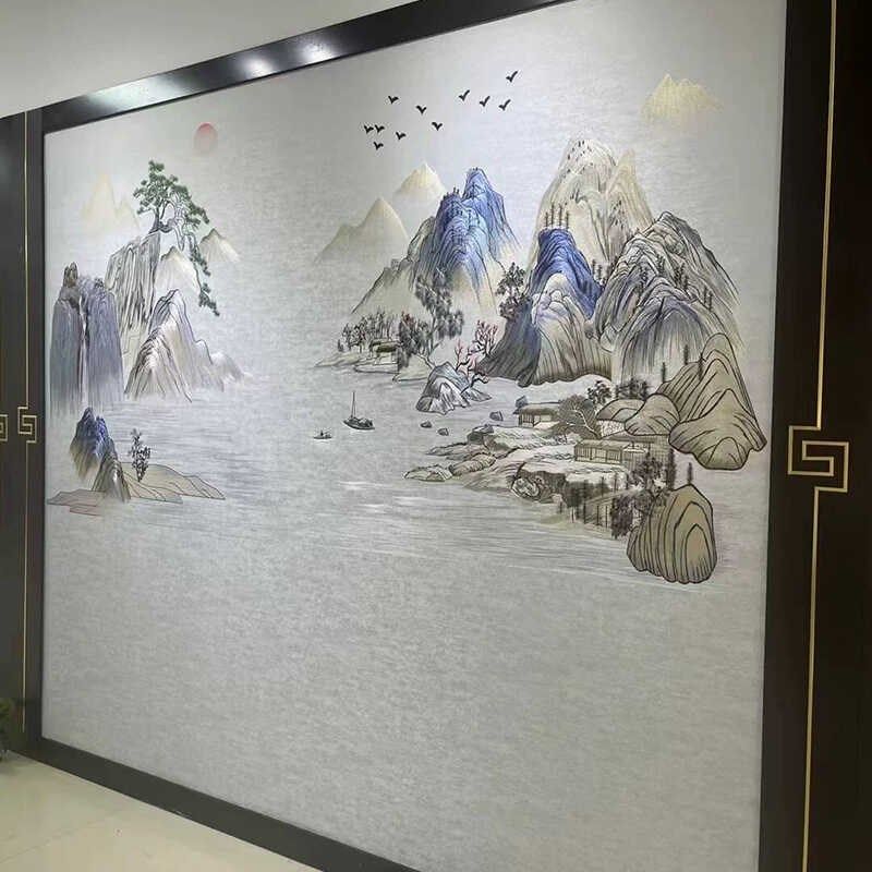 言绣独绣墙布背景墙布独秀山水刺绣溪山隐秀沙发背景中式电视壁画