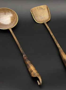 怀旧民俗古玩老式黄铜勺子铲子古代家用传统老物件仿古铜饭勺摆件