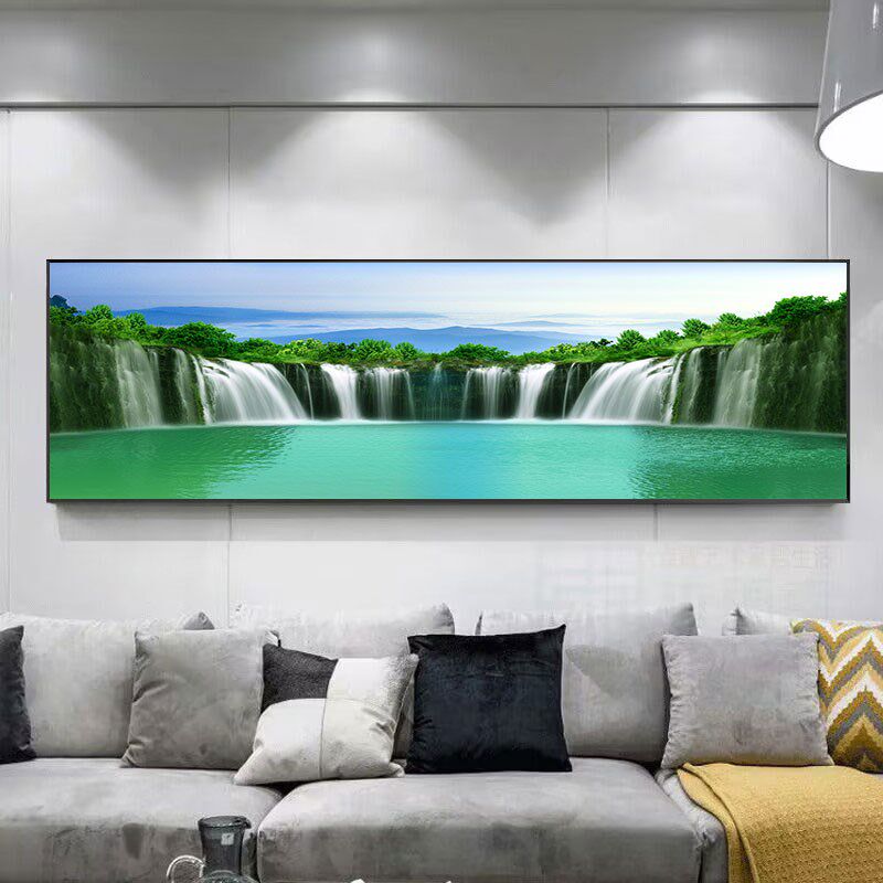 山水风景客厅沙发背景墙装饰画卧室床头挂画横版单幅流水生财壁画