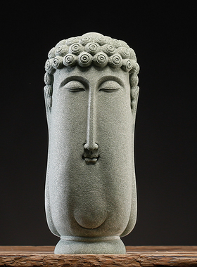 国潮风复古手工青砂石佛首酒窖柜台桌面摆件创意鱼缸佛头沉水装饰