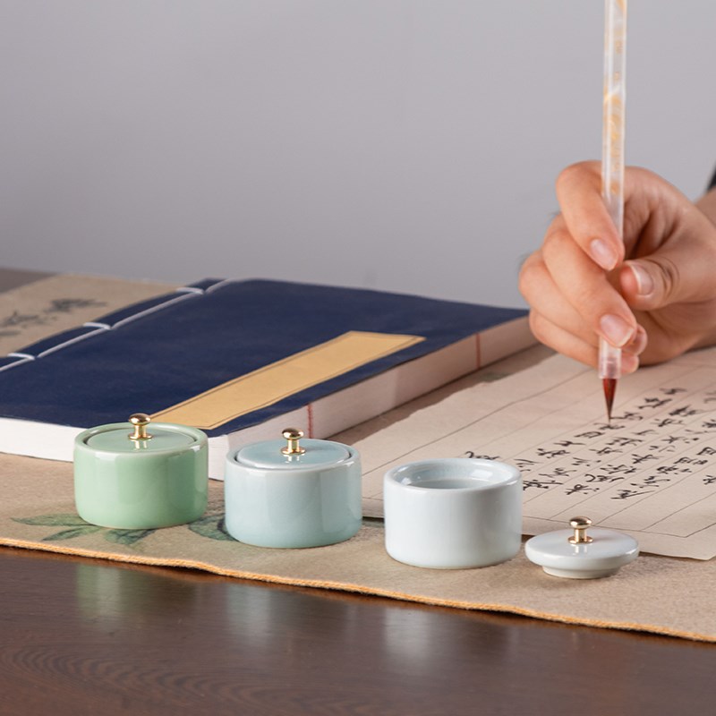 砚台书法带盖陶瓷小砚台不干墨毛笔青瓷墨汁墨碟墨池小学生迷你汝