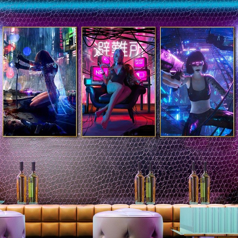 赛博朋克2077酒吧KTV装饰画科幻美女网咖卧室墙壁画电竞酒店挂画
