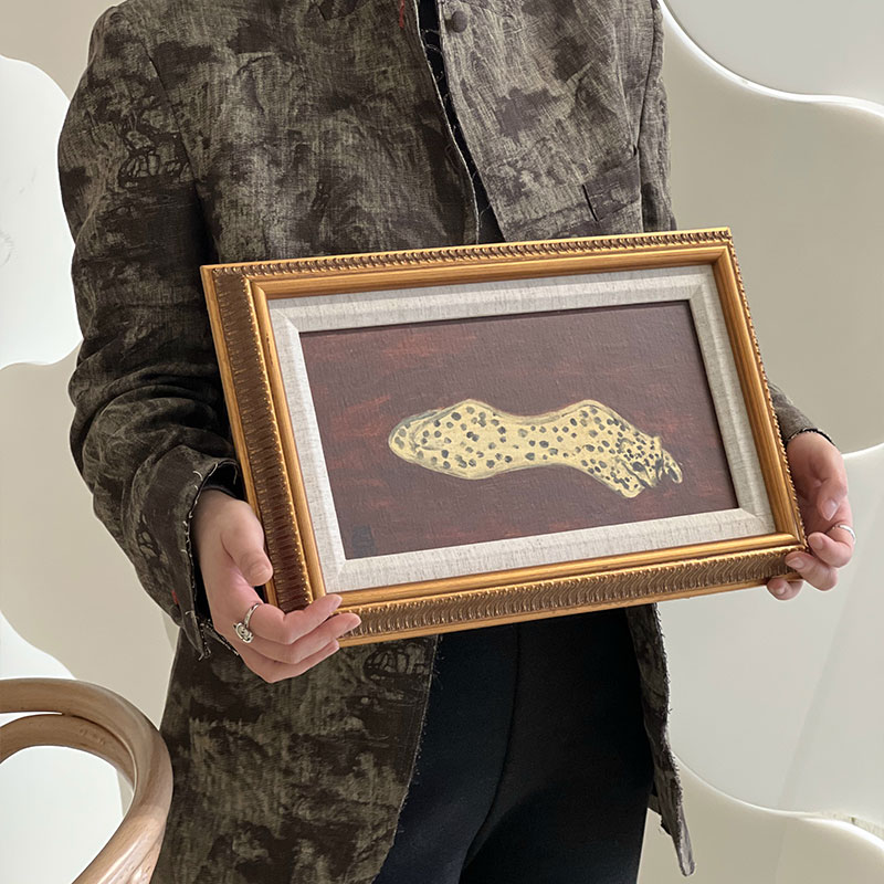 常玉复古画框欧式长方形可爱小豹子客厅餐厅斗柜书架玄关装饰画