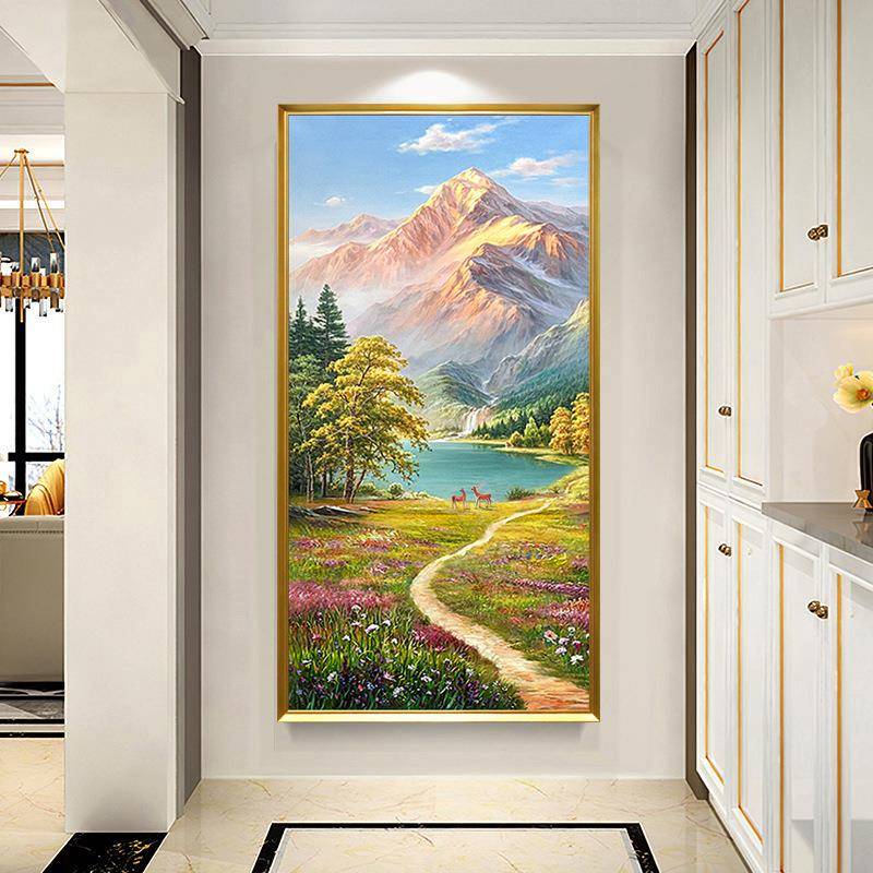 手绘油画风景山水金山聚宝盆轻奢玄关装饰画走廊过道挂画壁画