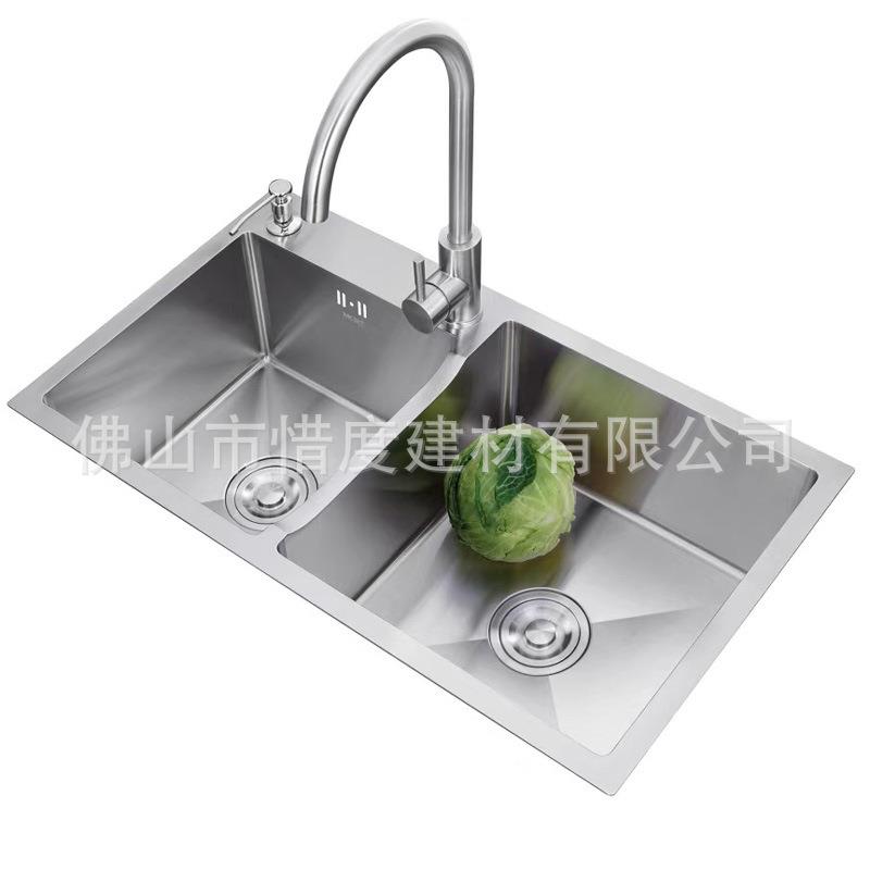 厂家直销304不锈钢水槽手工水槽75*42反方向左小右大含龙头套装