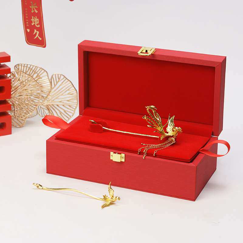 凤钗盒婚庆婚嫁木制拉丝皮黄金珠宝首饰收纳盒发簪盒中国风金钗盒