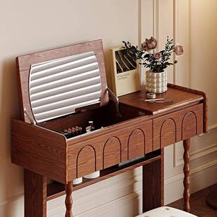 法式复古实木翻盖梳妆台书桌两用小户型卧室中古风白蜡木化妆桌