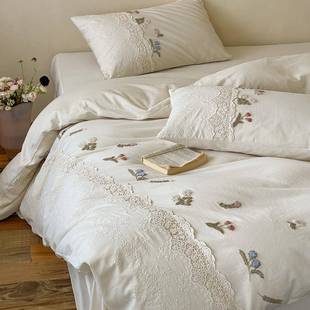 A类棉麻原木本色100支麻棉四件套高级花卉毛巾绣被套少女清新床品