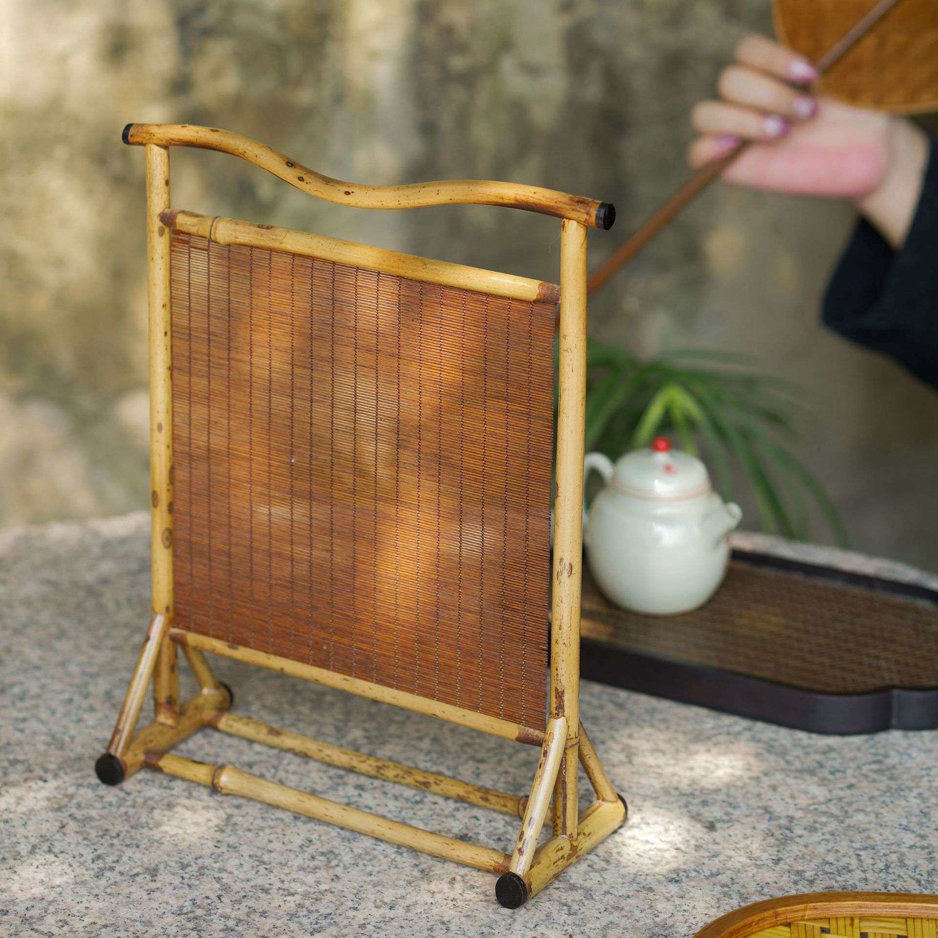 梅鹿竹小屏风桌面摆件隔断竹丝插屏茶道器具